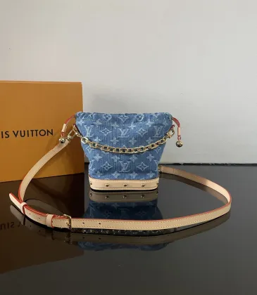 Louis Vuitton Denim Bucket Bag With Monogram Pattern And Gold Chain Accent #A53368 Louis Vuitton Denim Bucket Bag With Monogram Pattern And Gold Chain Accent #A53368
