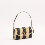 Valentino 22116 Garavani Devain Black Beige Striped Raffia Shoulder Crossbody Handbag #A65998