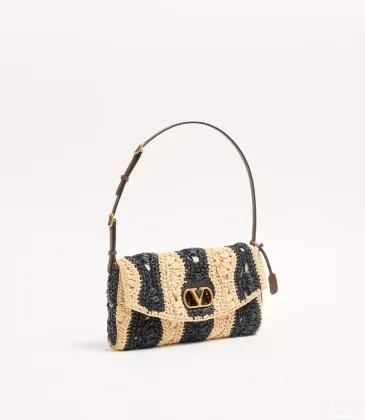 Valentino 22116 Garavani Devain Black Beige Striped Raffia Shoulder Crossbody Handbag #A65998
