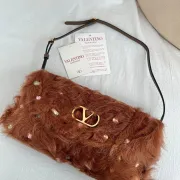 Valentino 22117 26SS Faux Fur Crystal Embellished V Logo Underarm Shoulder Handbag #A65997
