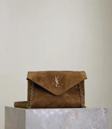 SAINT LAURENT Cassandre Envelope Chain Pouch – Camel Suede Leather with Gold YSL Logo #A58761