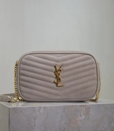 SAINT LAURENT Lou Camera Crossbody Bag – Dusty Beige Suede with Diagonal Quilt &amp; Gold YSL Logo (Chain Strap) #A58771