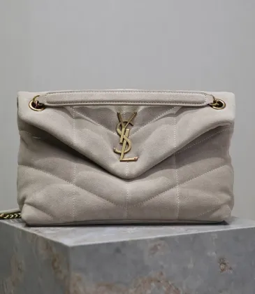 SAINT LAURENT Loulou Medium Shoulder Bag – Light Beige Suede with Chevron Quilt &amp; Gold YSL Logo (Convertible Chain Strap) #A58772