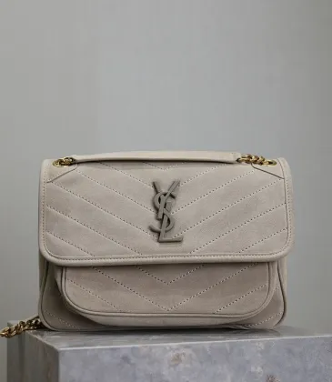 SAINT LAURENT Loulou Medium Shoulder Bag – Light Beige Suede with Chevron Quilt &amp; Tone-On-Tone YSL Logo (Convertible Chain Strap) #A58775