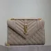 SAINT LAURENT Loulou Small Envelope Crossbody Bag – Dusty Beige Suede with Mixed-Quilt Stitching &amp; Gold YSL Logo (Detachable Chain Strap) #A58777