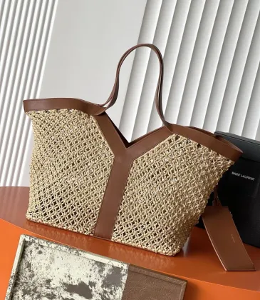 Saint Laurent 817602 Raffia Tote Bag Brown Leather Trim Woven Straw Shopper 38cm #B67267 Saint Laurent 817602 Raffia Tote Bag Brown Leather Trim Woven Straw Shopper 38cm #B67267