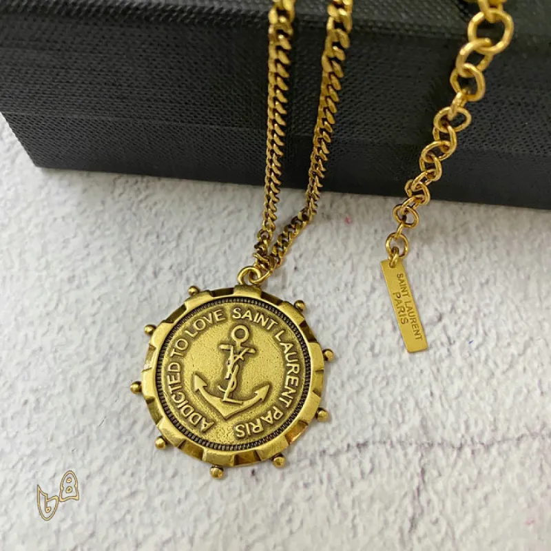 Saint Laurent Vintage Coin Pendant Necklace Anchor &amp; Portrait Medallion Gold Silver Designer Jewelry #A65950