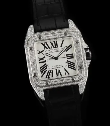 Cartier Santos Diamond Automatic Black Leather Watch 41mm #A65833