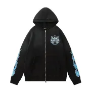 Amiri Hollywood Eagle Blue Flame Sleeve Zip‑Up Hoodie Jacket, Black #B67647 Amiri Hollywood Eagle Blue Flame Sleeve Zip‑Up Hoodie Jacket, Black #B67647