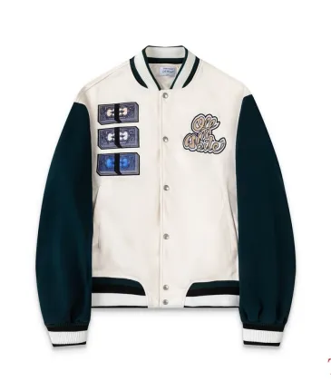 Off-White Cream Dark Green Sleeve Heavy Embroidery Varsity Jacket #B68988