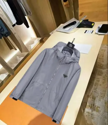 Prada Triangle Logo Hooded Full‑Zip Windbreaker Jacket, Light Gray #B68271 Prada Triangle Logo Hooded Full‑Zip Windbreaker Jacket, Light Gray #B68271