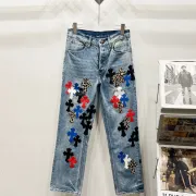 Chrome Hearts Inspired Blue Denim Jeans With Colorful Cross Patches For Edgy Fashion #A54279 Chrome Hearts Inspired Blue Denim Jeans With Colorful Cross Patches For Edgy Fashion #A54279