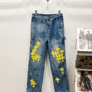 Chrome Hearts Style Blue Denim Jeans With Yellow Cross Patches For Bold Street Fashion #A54278 Chrome Hearts Style Blue Denim Jeans With Yellow Cross Patches For Bold Street Fashion #A54278