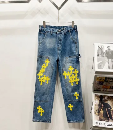 Chrome Hearts Style Blue Denim Jeans With Yellow Cross Patches For Bold Street Fashion #A54278 Chrome Hearts Style Blue Denim Jeans With Yellow Cross Patches For Bold Street Fashion #A54278
