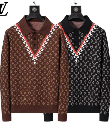 Brand L Men Monogram Jacquard Polo Knit Sweater Brown, Black #B69140 Brand L Men Monogram Jacquard Polo Knit Sweater Brown, Black #B69140
