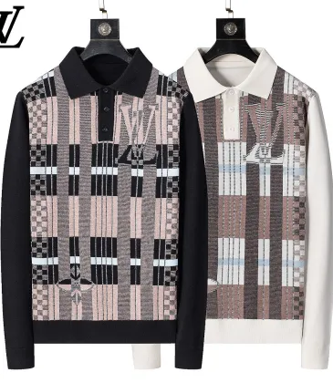 Brand L Men Plaid Jacquard Polo Knit Sweater White, Black #B69131 Brand L Men Plaid Jacquard Polo Knit Sweater White, Black #B69131