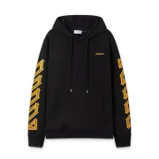 Off White Black Hoodie With Signature Yellow Diagonal Arrow Print And Brand Detailing #A54327 Off White Black Hoodie With Signature Yellow Diagonal Arrow Print And Brand Detailing #A54327