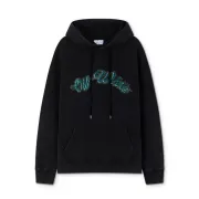 Off White Black Hoodie with Blue Green Glitter Logo and Front Pocket for Men and Women #A54251 Off White Black Hoodie with Blue Green Glitter Logo and Front Pocket for Men and Women #A54251