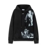 Off - White Washed Black Hoodie With Artistic Religious Print And OFF Logo #A54330 Off - White Washed Black Hoodie With Artistic Religious Print And OFF Logo #A54330