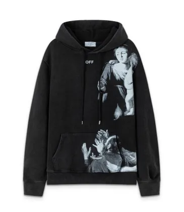 Off - White Washed Black Hoodie With Artistic Religious Print And OFF Logo #A54330 Off - White Washed Black Hoodie With Artistic Religious Print And OFF Logo #A54330