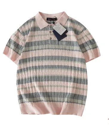Louis Vuitton Striped Cable Knit Short Sleeve Polo Shirt, Pink Grey #B68866