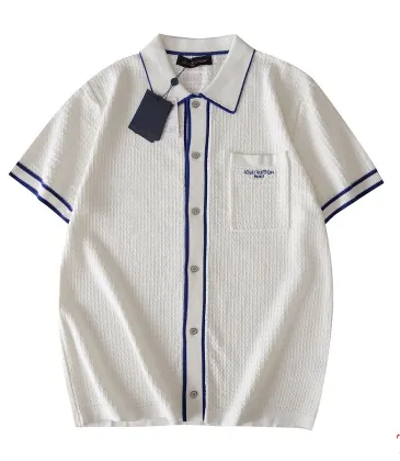 Louis Vuitton SS26 Waffle Contrast Trim Short Sleeve Knit Shirt, White Blue #B68868
