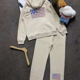 Chrome Hearts USA Flag Print Hoodie Tracksuit Set Top &amp; Pants Oatmeal,Black #B69398