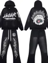 Hellstar Tracksuit  – Black Hoodie & Flared Pants Set with Flame Graphic Print, Sizes S–XL #A52275