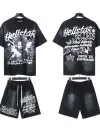 Hellstar Tracksuit – Black Graphic Tee & Shorts Set, Path To Paradise Design, S-M-L-XL #A53817