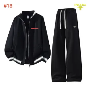 Prada Triangle Logo Stripe Trim Tracksuit Set Jacket &amp; Pants Black,White,Grey #B69388