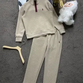 Polo Ralph Lauren Pony Logo Half Zip Tracksuit Set Top &amp; Pants Khaki,Navy #B69403