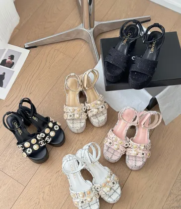 Women's Chanel Tweed Platform Sandals with Pearl Embellishments #A45802 Women's Chanel Tweed Platform Sandals with Pearl Embellishments #A45802