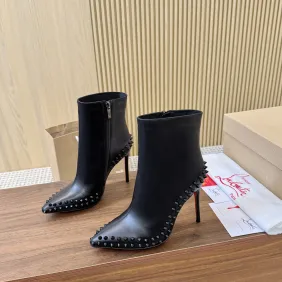 Christian Louboutin Black Leather Studded Ankle Boots, Pointed Toe, 100mm Stiletto Heel, Red Sole #B69612 Christian Louboutin Black Leather Studded Ankle Boots, Pointed Toe, 100mm Stiletto Heel, Red Sole #B69612