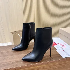 Christian Louboutin Black Tan Leather Pointed Toe Ankle Boots with Red Sole & 100mm Stiletto Heel #B69610 Christian Louboutin Black Tan Leather Pointed Toe Ankle Boots with Red Sole & 100mm Stiletto Heel #B69610