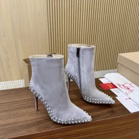 Christian Louboutin Grey Suede Studded Ankle Boots, Pointed Toe, 100mm Stiletto Heel, Red Sole for Women #B69614 Christian Louboutin Grey Suede Studded Ankle Boots, Pointed Toe, 100mm Stiletto Heel, Red Sole for Women #B69614
