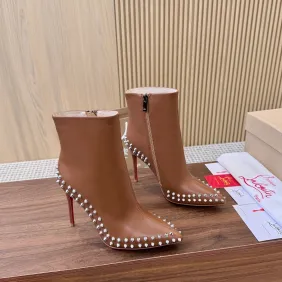 Christian Louboutin Tan Leather Studded Ankle Boots, Pointed Toe, 100mm Stiletto Heel, Red Sole #B69613 Christian Louboutin Tan Leather Studded Ankle Boots, Pointed Toe, 100mm Stiletto Heel, Red Sole #B69613