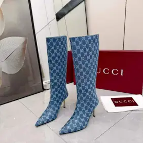 Brand G Women’s Denim-Textured Knee-High Boots with GG Monogram, Pointed Toe, Stiletto Heel #B69627 Brand G Women’s Denim-Textured Knee-High Boots with GG Monogram, Pointed Toe, Stiletto Heel #B69627
