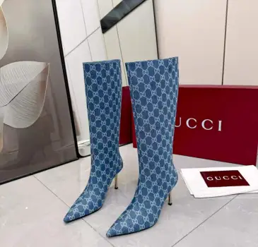 Brand G Women’s Denim-Textured Knee-High Boots with GG Monogram, Pointed Toe, Stiletto Heel #B69627 Brand G Women’s Denim-Textured Knee-High Boots with GG Monogram, Pointed Toe, Stiletto Heel #B69627