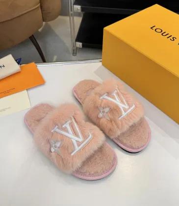 Louis Vuitton Cozy Fluffy Slippers with Leather Straps and Brand Embellishments #A54598
