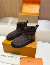 Louis Vuitton Brown Suede Mini Boots with Faux Fur Lining & Gold-Tone Buckle Strap #B69625 Louis Vuitton Brown Suede Mini Boots with Faux Fur Lining & Gold-Tone Buckle Strap #B69625