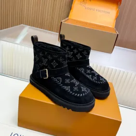 Brand L Women’s Black Suede Ankle Boots with Monogram Embossing, Shearling Lining & Chunky Sole #B69624 Brand L Women’s Black Suede Ankle Boots with Monogram Embossing, Shearling Lining & Chunky Sole #B69624