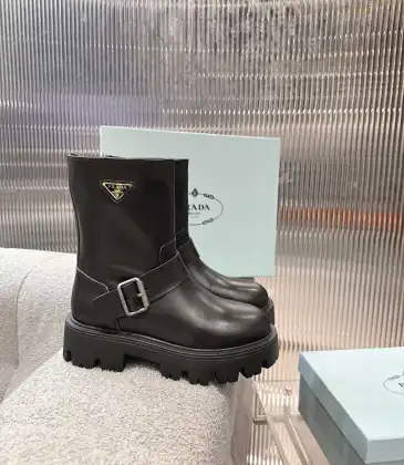 Prada Inspired Black Leather Biker Boots With Chunky Platform Sole #A54581