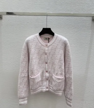 Fendi Women's Luxurious Fuzzy Knit Cardigan Featuring Pink and White FF Monogram and Contrast Trims #A56339 Fendi Women's Luxurious Fuzzy Knit Cardigan Featuring Pink and White FF Monogram and Contrast Trims #A56339