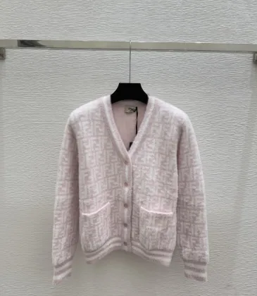 Fendi Women's Luxurious Fuzzy Knit Cardigan Featuring Pink and White FF Monogram and Contrast Trims #A56340 Fendi Women's Luxurious Fuzzy Knit Cardigan Featuring Pink and White FF Monogram and Contrast Trims #A56340