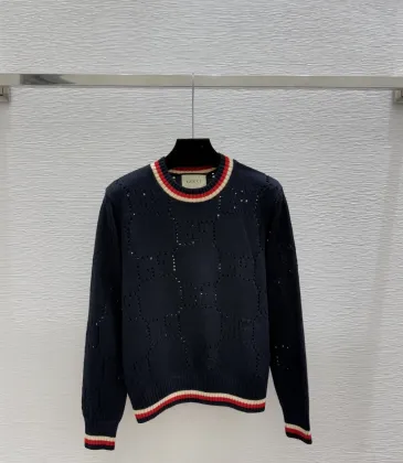 Gucci Women's Luxurious Sapphire Blue Knit Sweater Featuring Signature Web Stripe Trims and Subtle Monogram Open Knit Detail. #A56320 Gucci Women's Luxurious Sapphire Blue Knit Sweater Featuring Signature Web Stripe Trims and Subtle Monogram Open Knit Detail. #A56320