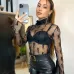 YSL European and American women's cross-border Amazon sexy see-through high-neck long-sleeved flocked high-quality top T-shirt #A64626