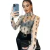 YSL European and American women's cross-border Amazon sexy see-through high-neck long-sleeved flocked high-quality top T-shirt #A64626