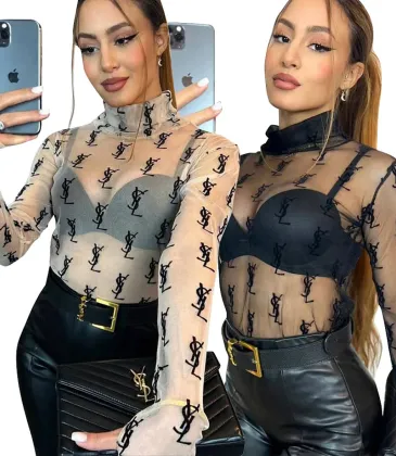 YSL European and American women's cross-border Amazon sexy see-through high-neck long-sleeved flocked high-quality top T-shirt #A64626 YSL European and American women's cross-border Amazon sexy see-through high-neck long-sleeved flocked high-quality top T-shirt #A64626
